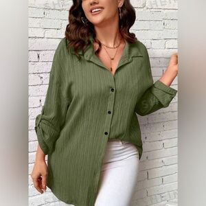 SHEIN Essence Plus army green long roll tab button up textured tunic NEW size 3X